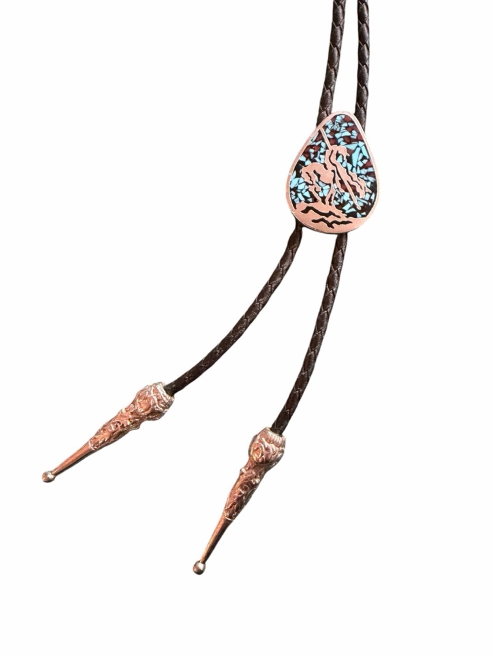 ✨Vintage Western Turquoise Inlay Teardrop Bolo Tie Necklace in Copper w/ Black